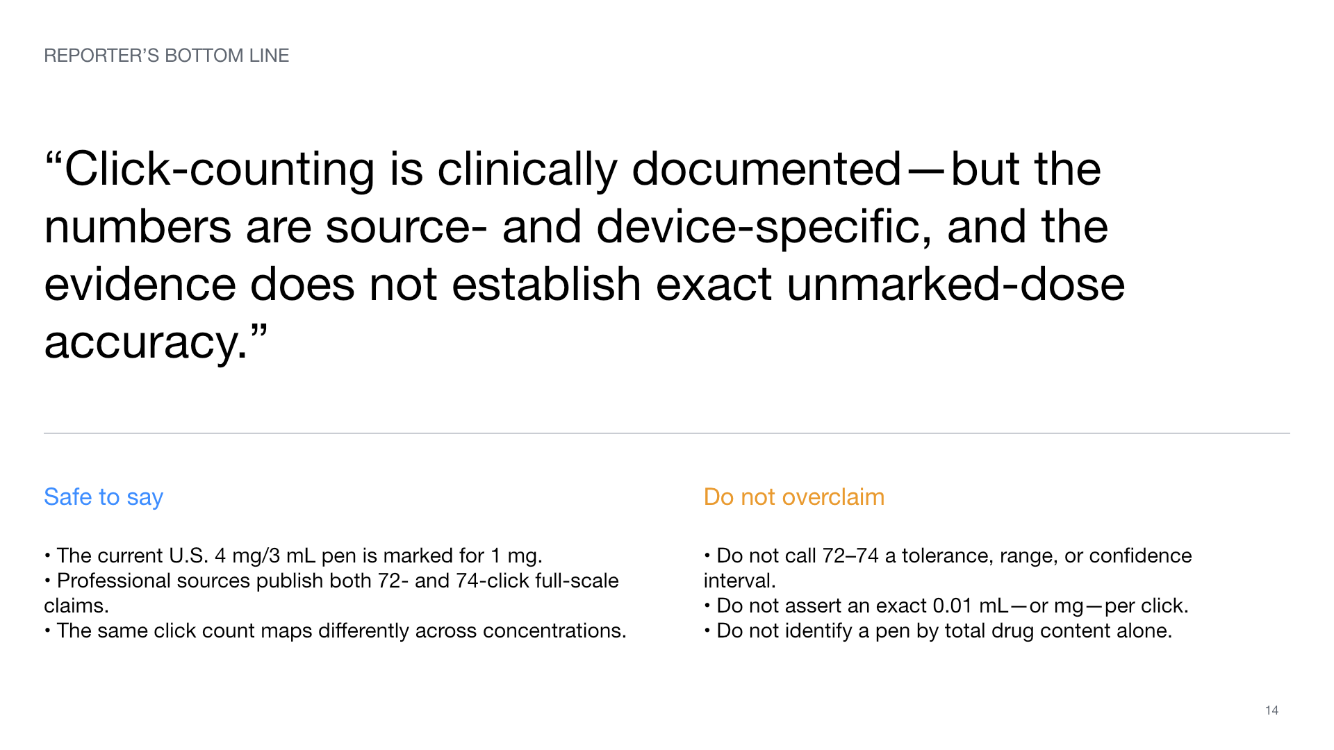 Reporter's bottom line on click counting, source specificity, device specificity, and lack of exact unmarked-dose validation.